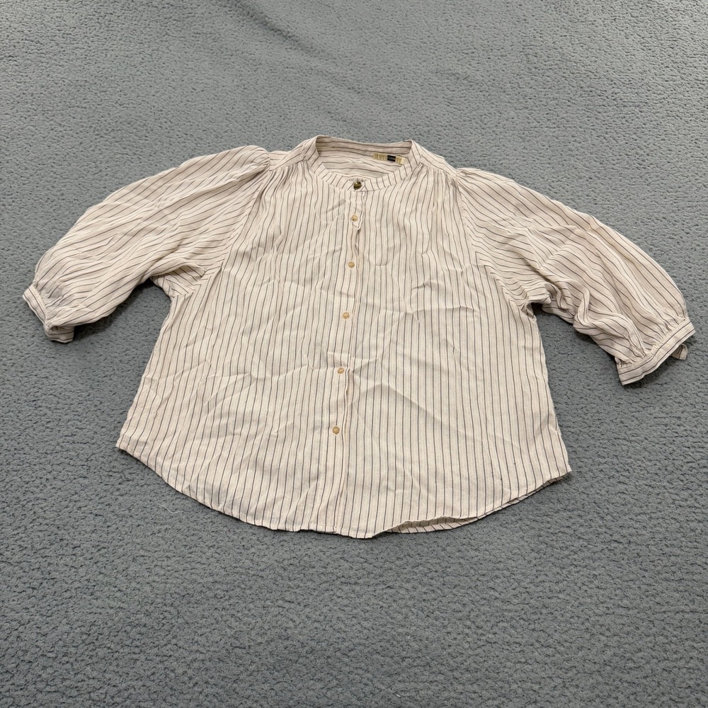 Sessun Pinstripe Blouse Womens Small Cream Puff Sleeve Linen Blend Button Up